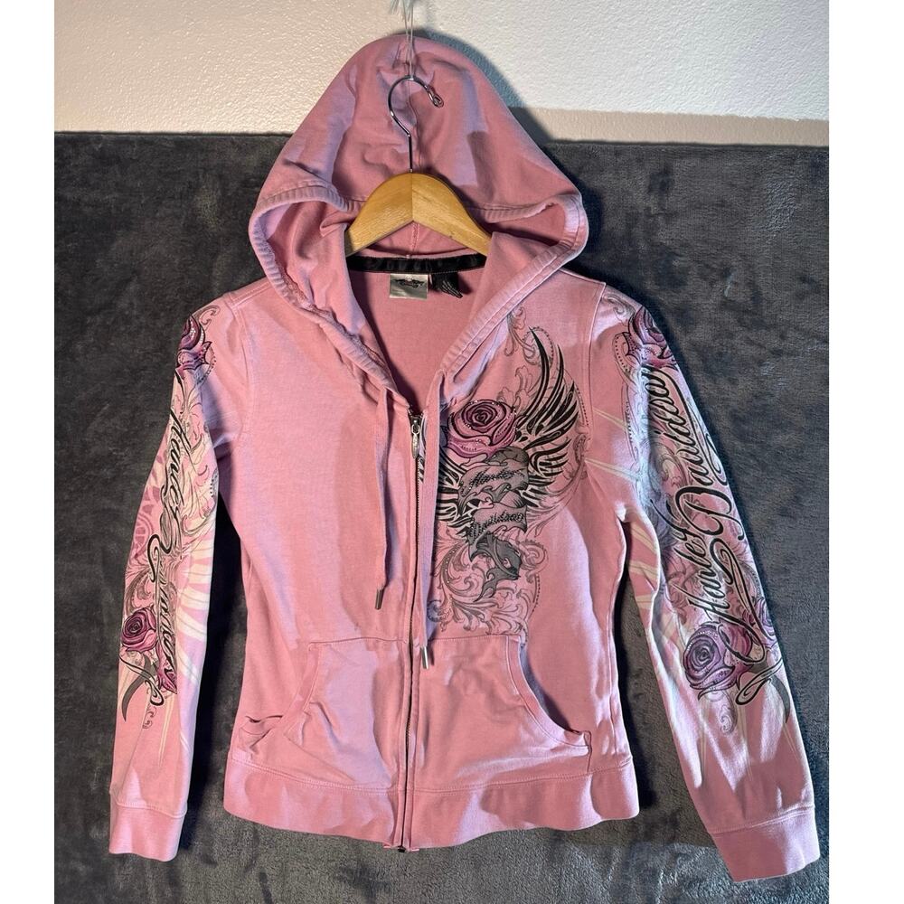 Vtg Y2K Pink Harley Davidson Zip Up Hoodie Size SM Rose Biker Barbie Grunge